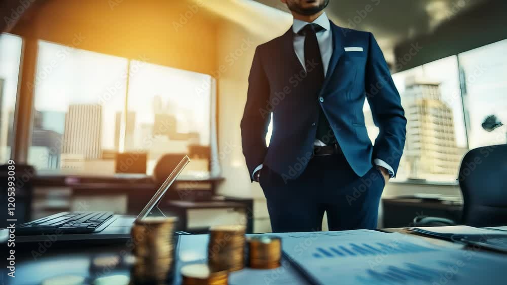 Poster stacks of coins symbolizing increasing profits sit on a desk with financial documents. while a busin