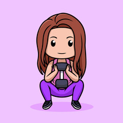 Girl chibi kawaii character in squad pose illustration in purple colors