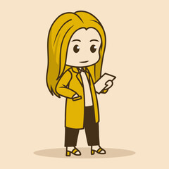 Chibi kawaii Woman using long coat in walking pose. in Vintage retro colors