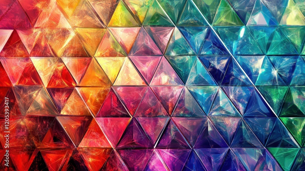 Poster colorful geometric pattern fills the background with vibrant triangular shapes in various hues and s