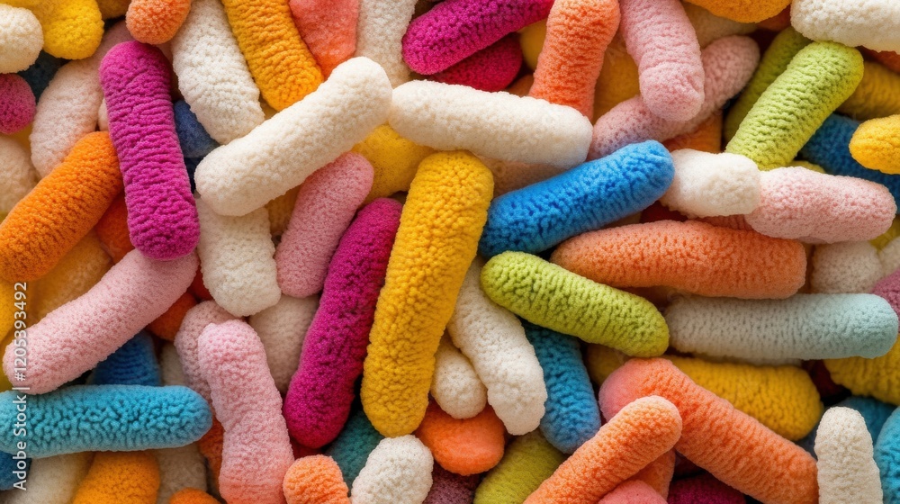 Poster colorful fuzzy shapes scattered on a vibrant surface, creating a playful and whimsical display of te