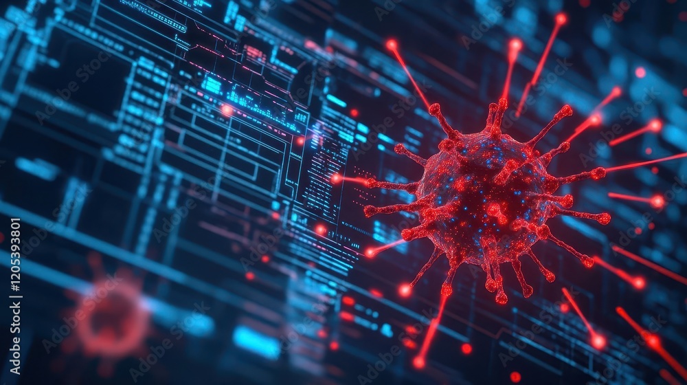 Poster Digital Virus Displayed on Computer Screen with Glowing Code and Distorted Graphics Illustrating Cyber Threats and Modern Technology Challenges