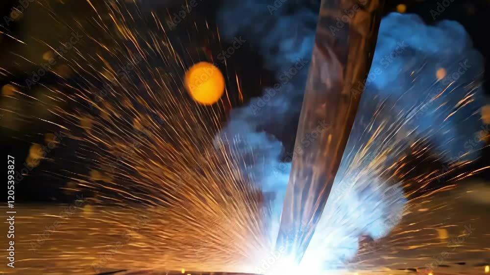 Poster welding scene displaying intense sparks and smoke, highlighting craftsmanship and motion in a dynami