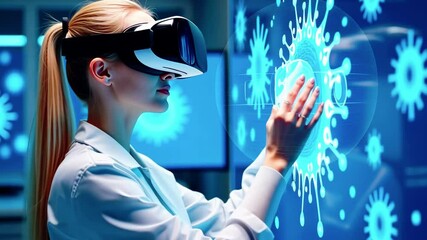 A woman in VR goggles interacts with a digital representation of a virus in a lab setting. - Powered by Adobe