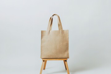 Empty Cream Canvas Tote Bag Displayed on Wooden Easel