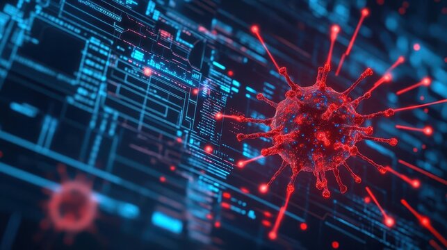 Digital Virus Displayed on Computer Screen with Glowing Code and Distorted Graphics Illustrating Cyber Threats and Modern Technology Challenges