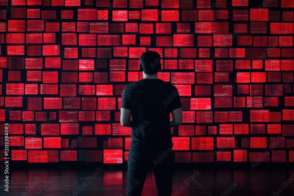 Aufkleber a thoughtful man posing against a vibrant wall of red squares in an urban setting evoking creativity