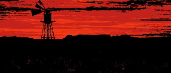 Naklejka premium Windmill Silhouette Against Fiery Red Sunset Sky