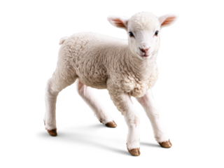 A baby lamb with a gentle expression, looking directly at the viewer, floating on a transparent background.