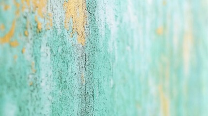 Fototapeta premium Vibrant textured wall with peeling paint in shades of teal and gold showing signs of weathering and age during daylight