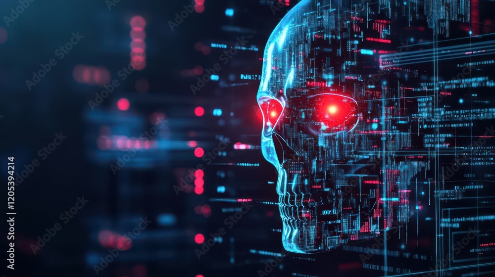 Aufkleber Futuristic Robot Head with Glowing Red Eye Surrounded by Intricate Circuits and Technology Elements Creating an Intriguing Sci Fi Atmosphere and Mood