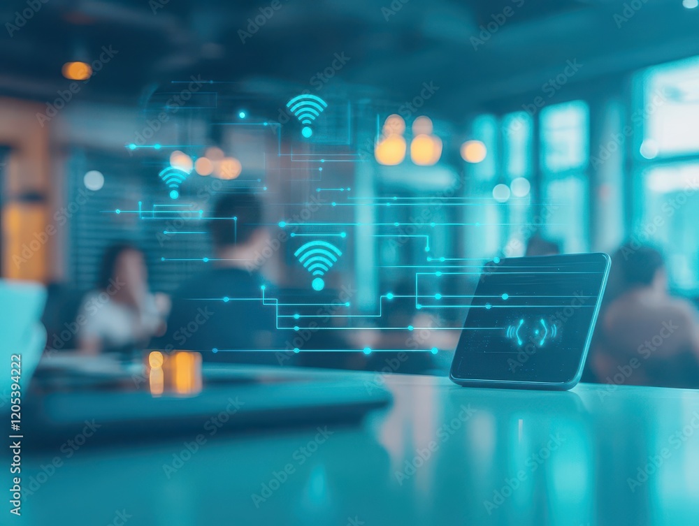 Poster Sleek Tablet Displaying Wireless Connection Icon on a Modern Workspace Desk Surrounded by Creative Tools and Soft Ambient Lighting for Productivity