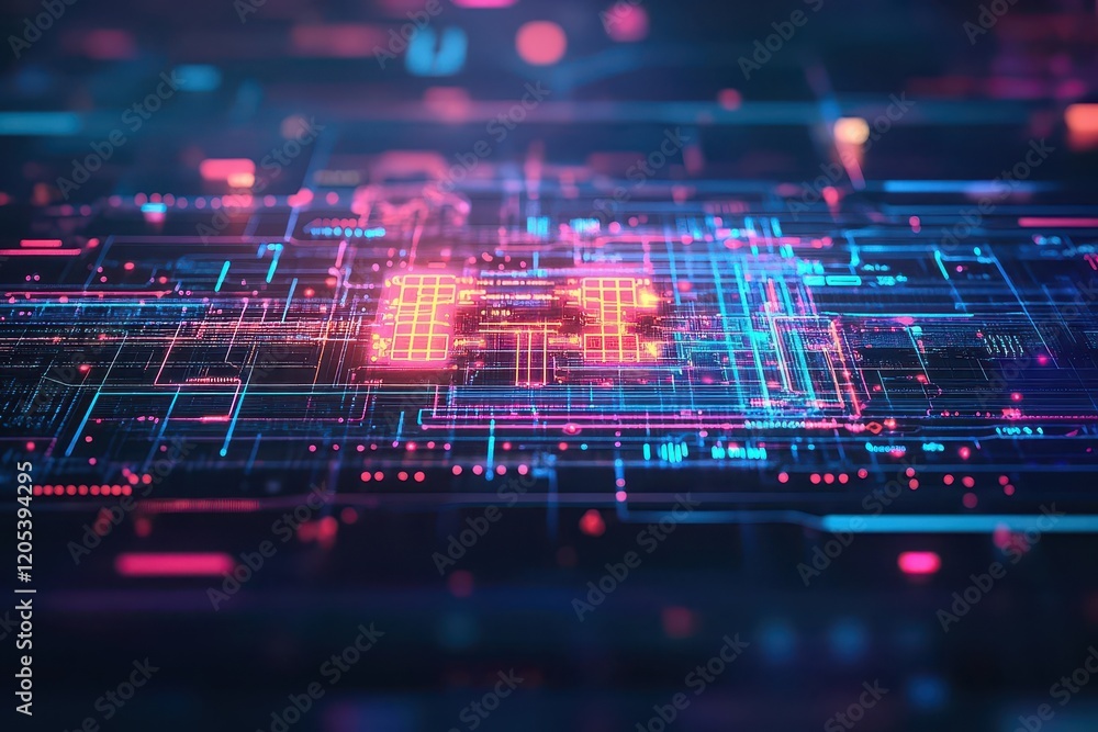 Poster Intricate Circuit Design Featuring Central Component Surrounded by Complex Pathways Representing Technology Innovation and Modern Engineering Concepts