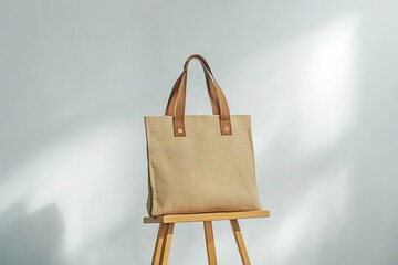 Empty Cream Canvas Tote Bag Displayed on Wooden Easel
