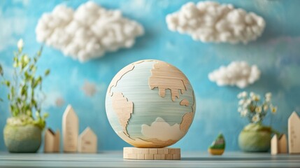Eco-friendly wooden planet with soft clouds, made from sustainable materials with gentle cloud designs, combining nature and whimsy