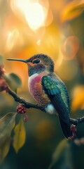Fototapeta premium hummingbird resting, its vibrant body standing out against the muted tones of the forest behind