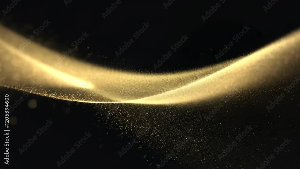 Poster golden particles gracefully swirl and blend in a dark background, creating an ethereal visual experi