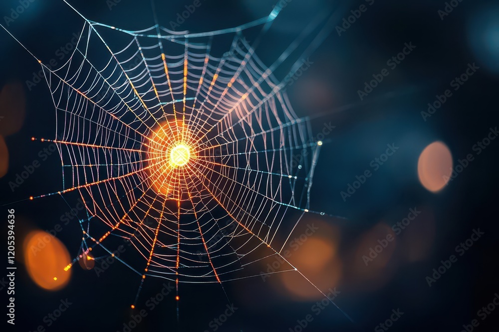 Poster intricate spider web glimmering with a radiant orb at its center showcasing nature's artistry in a c