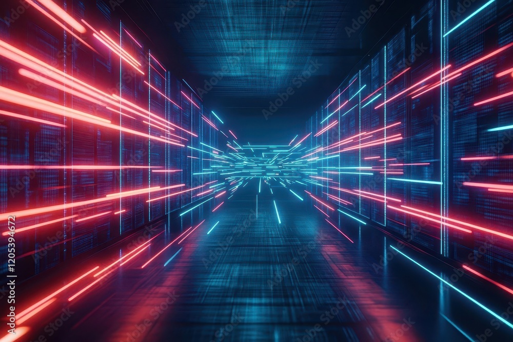 Poster Mysterious Dark Corridor Illuminated by Vibrant Neon Lights Creating an Intriguing Atmosphere of Urban Exploration and Futuristic Ambiance