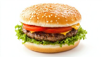 A delicious burger featuring a beef patty topped with cheese, fresh lettuce, and juicy tomato, all nestled in a sesame seed bun.
