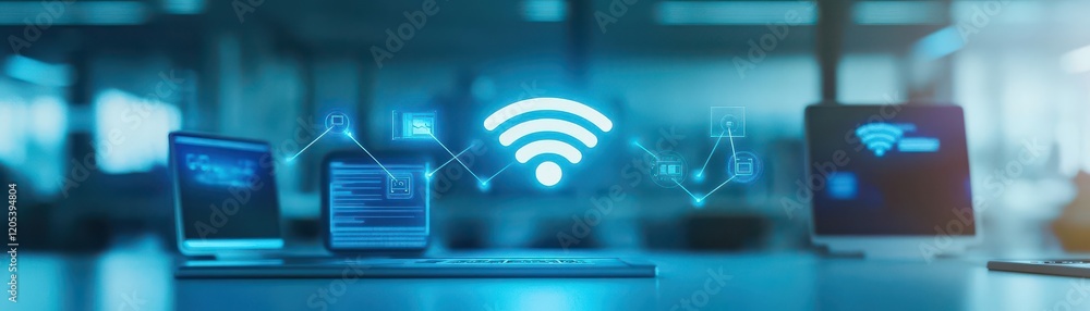 Poster Modern Laptop Displaying Wi Fi Connection Icon on Screen Reflecting Technology Usage and Digital Connectivity in a Contemporary Workspace Environment