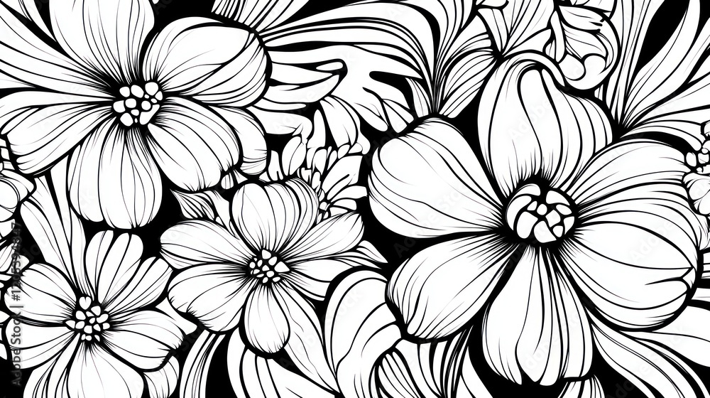 Poster abstract floral pattern with large blooms and swirling lines on a black background