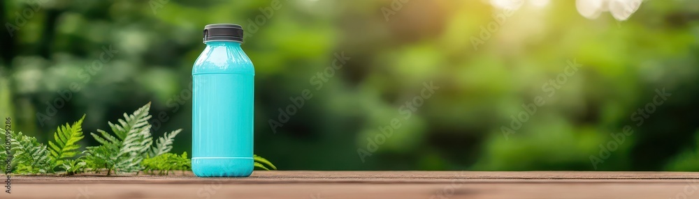 Poster elegant blue water bottle on rustic wooden table surrounded by natural light creating a calm and inv