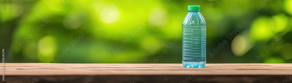Aufkleber crystal clear water in a plastic bottle resting on a rustic wooden table surrounded by natural light