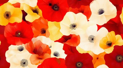 Vibrant Poppy Pattern, a seamless design showcasing intricate red and yellow poppies, ideal for textiles and backgrounds.