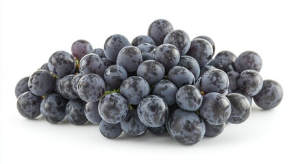 A detailed close-up of a vibrant pile of fresh grapes resting on a clean white surface, showcasing their rich color and texture.
