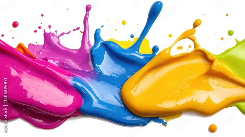 Poster vibrant splashes of colorful paint creating a lively abstract design on a white background