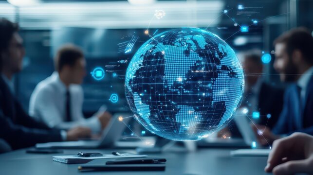 A business team discussing a global supply chain strategy in a hightech boardroom, collaborative mood