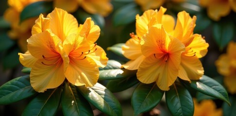Fototapeta premium Large showy rhododendron blooms in shades of orange and yellow, botanical, leaves, nature
