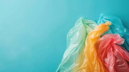Colorful plastic bags hanging against a bright blue background for environmental awareness and recycling initiatives