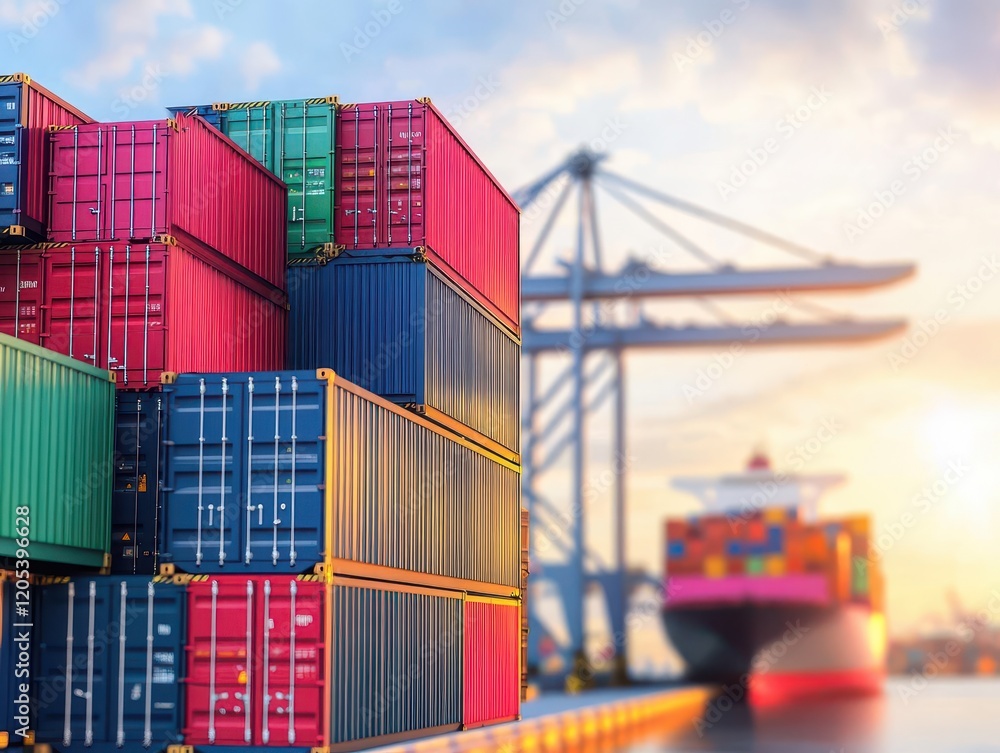 Poster Massive Container Ship Navigating Through Calm Waters with Stacked Cargo Containers Displaying Vibrant Colors Under Clear Blue Sky on a Bright Day