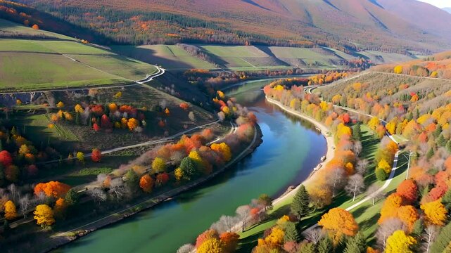 Beautiful River Valley Autumn Colors in Devon Alberta Aerial View