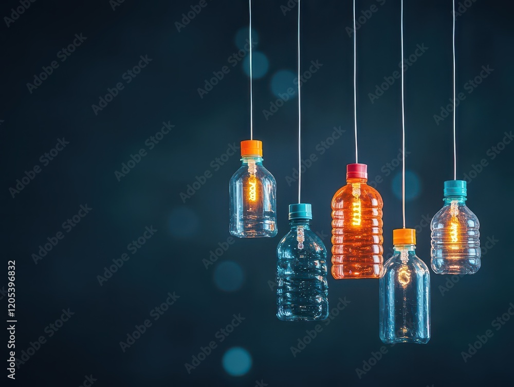 Aufkleber A Unique Display of Colorful Bottles Hanging from a Twisted String Against a Soft Background Creating a Whimsical and Artistic Atmosphere