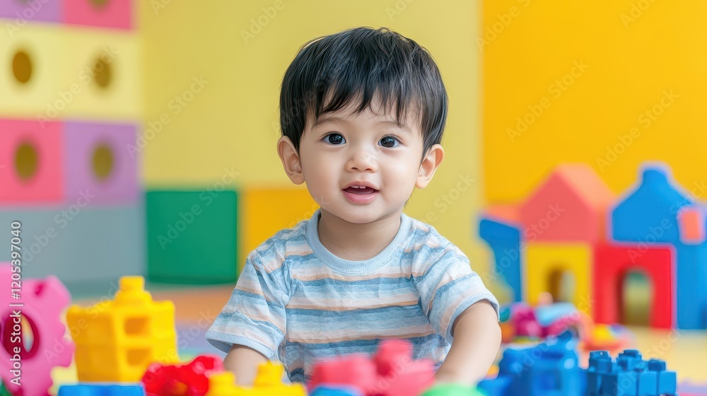 Poster Joyful Child Engaged in Playful Imagination with Colorful Toys in a Bright and Cheerful Room Filled with Light and Laughter Creating a Happy Atmosphere