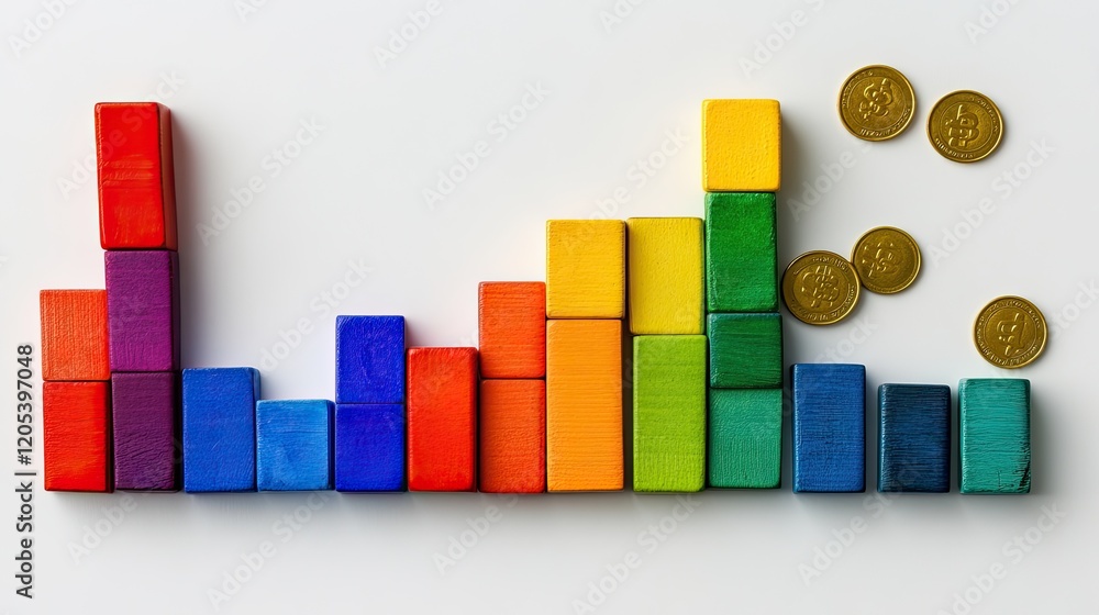 Poster a flat lay of colorful blocks forming an upward graph with coins on a white background.