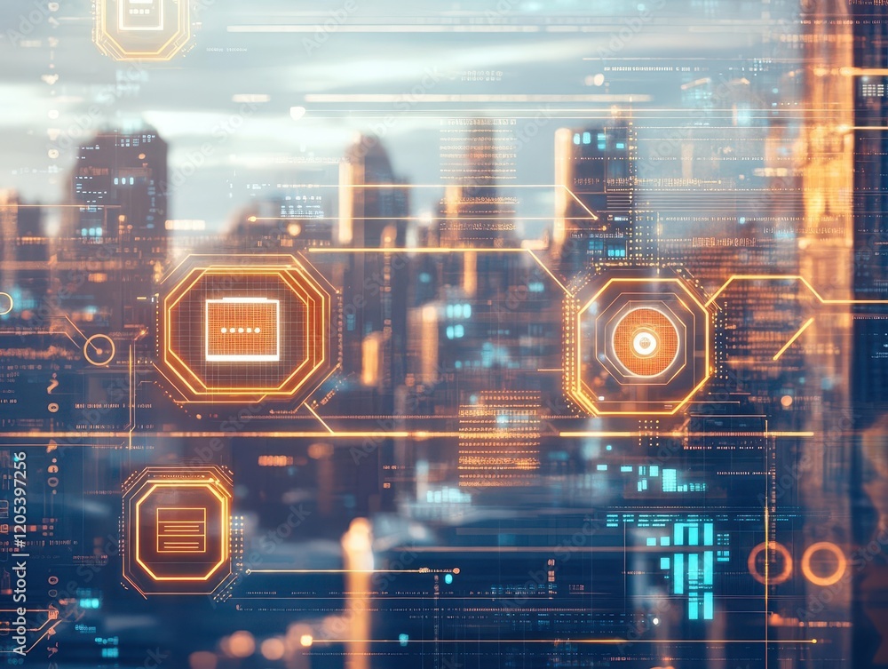 Aufkleber futuristic cityscape featuring interactive digital interface with skyscrapers and urban life depicte