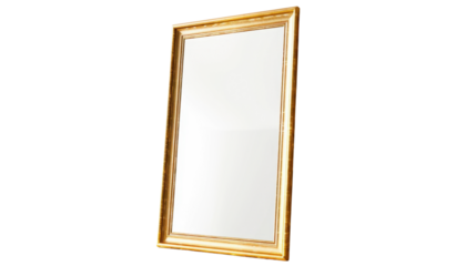 Gold framed mirror stands on transparent background