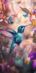 hummingbird with iridescent teal feathers, caught mid-hover in a colorful botanical garden