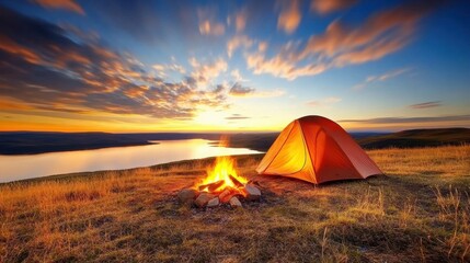 Beautiful sunset at a campsite with a glowing campfire and a tent by the serene lake