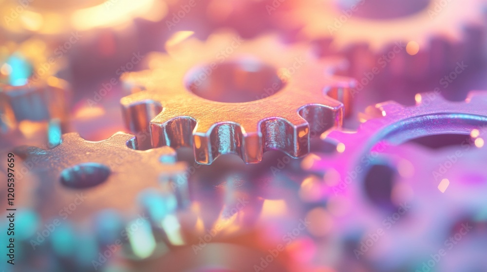 Poster gears interlocking in a colorful abstract design showcasing mechanical engineering concepts