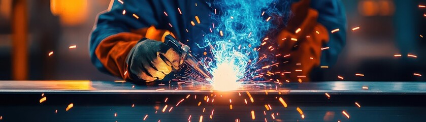 Fototapeta premium A closeup of a worker welding steel beams, sparks flying, dramatic lighting