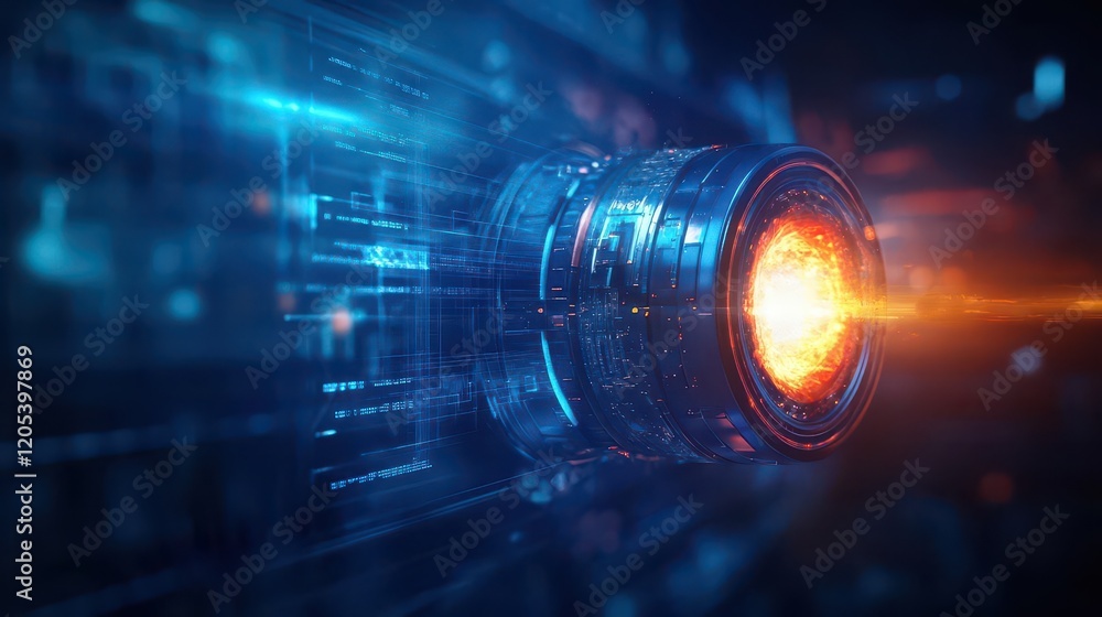 Poster vibrant camera lens radiating bright orange light in a darkened studio setting creating a striking c