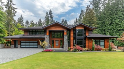 A luxurious contemporary home with a stylish front door, expansive glass windows, and a modern wooden facade, offering both elegance and comfort