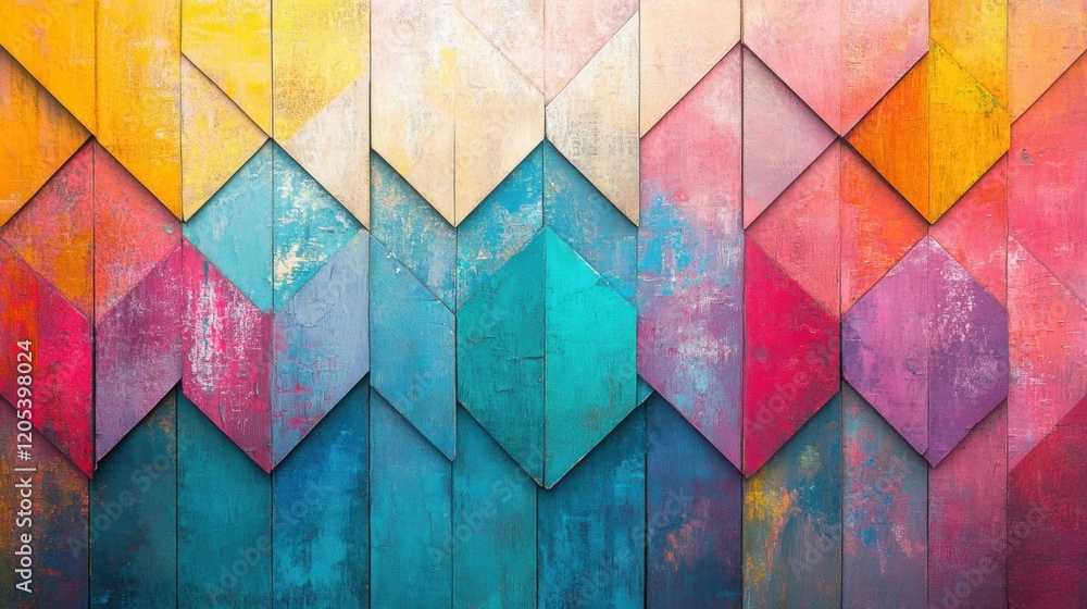 Aufkleber colorful geometric patterns create a vibrant wall display in an artistic setting