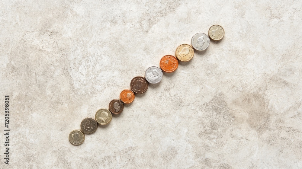 Poster a minimalist arrangement of coins forming an arrow pointing upward, representing progress and smart 