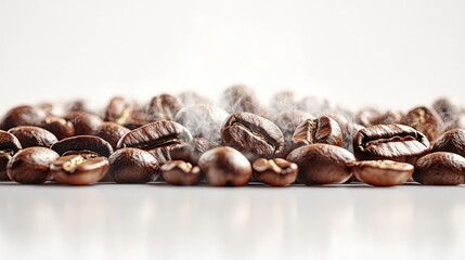 Fototapeta premium Steaming pile of roasted coffee beans.